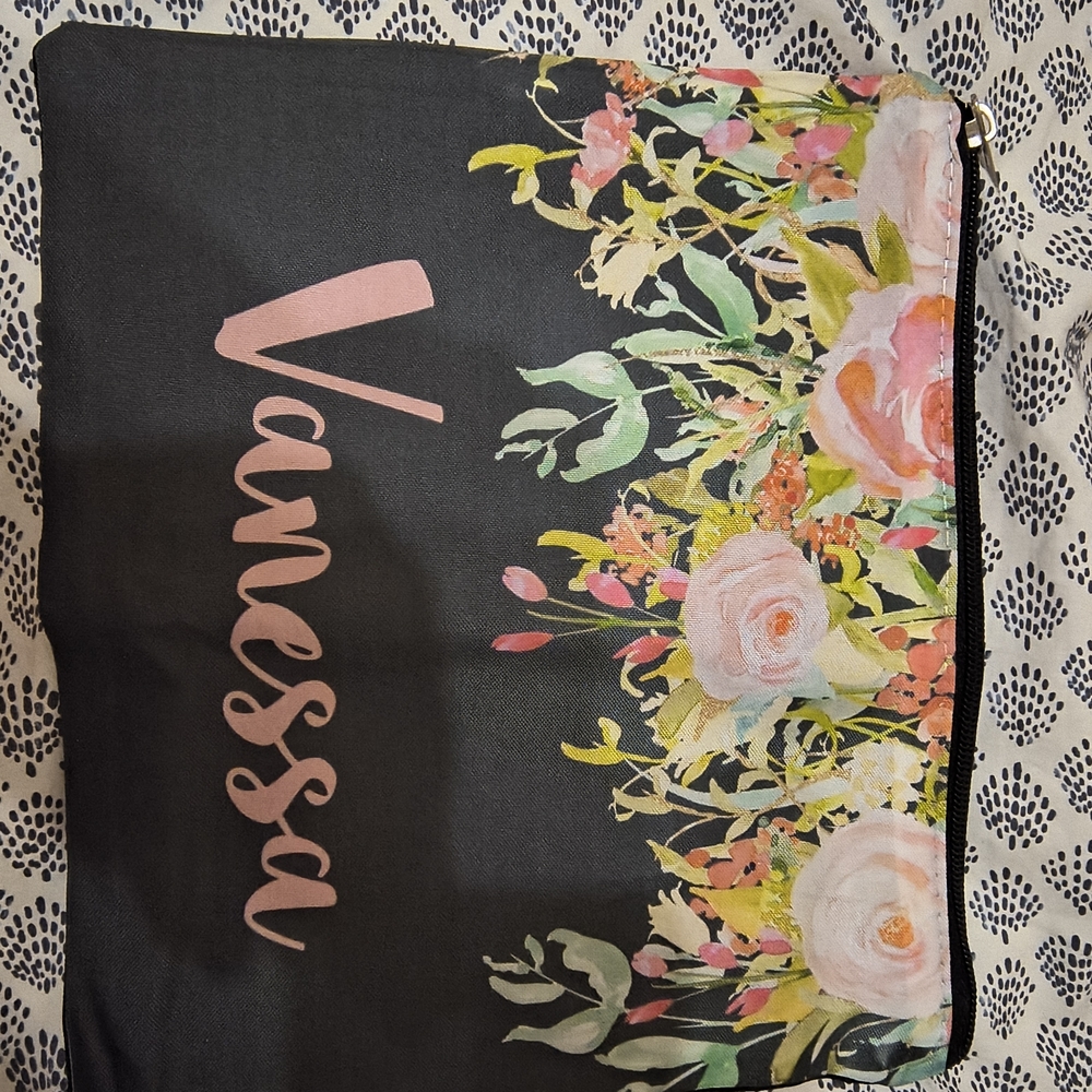 Floral Black Pouch with Pink Accents